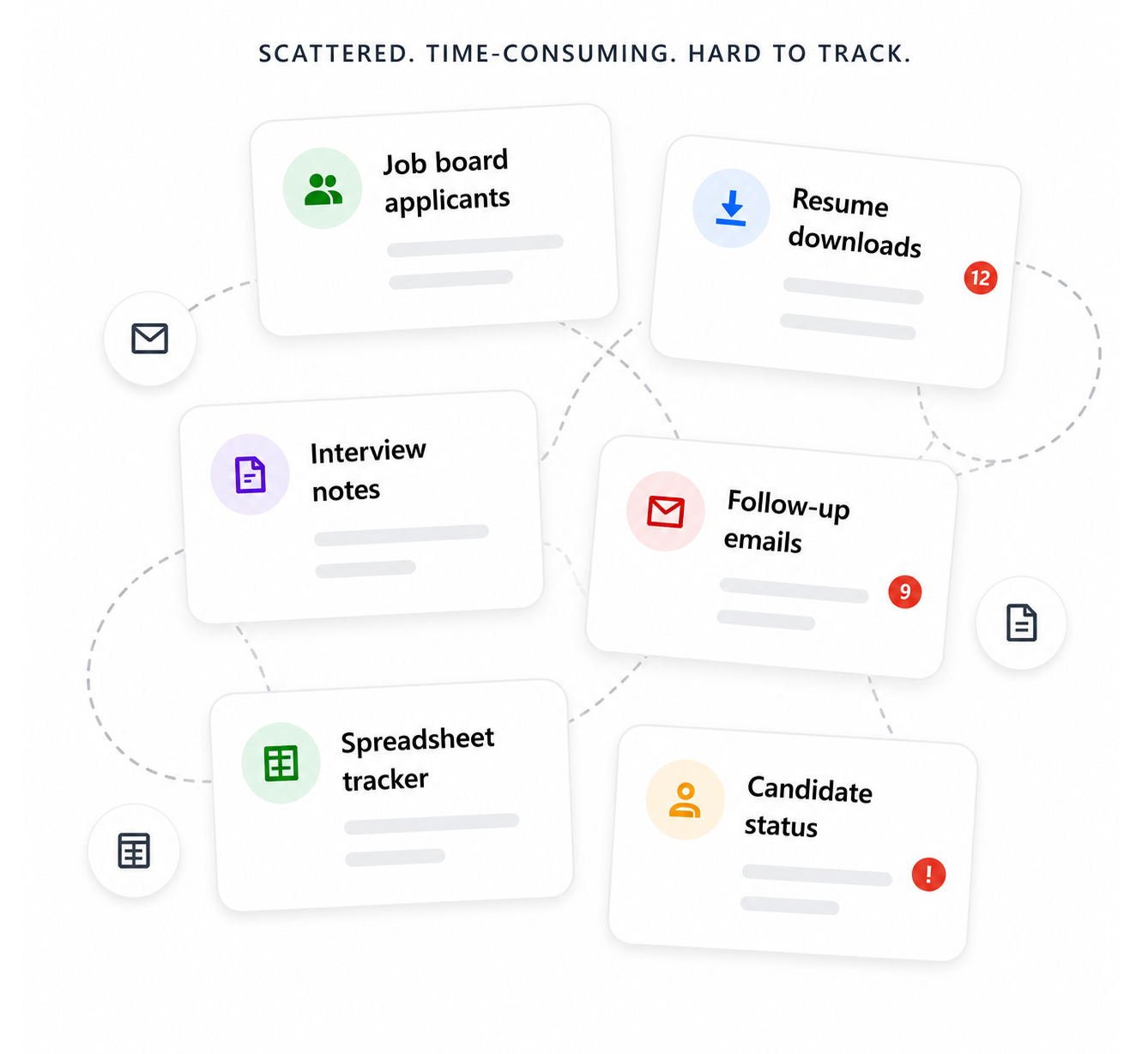 Disconnected hiring tools showing job board applicants, resume downloads, interview notes, follow-up emails, spreadsheet tracker, and candidate status